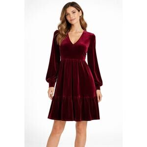 Taylor Dress Velvet Long Sleeve Tiered Dress Womens Size 10 V Neck Red Wine